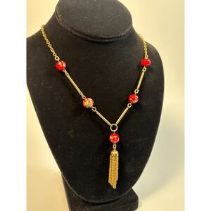 Vintage Necklace Red Murano Glass Gold Tone Tassel 20 inch Sarah Coventry